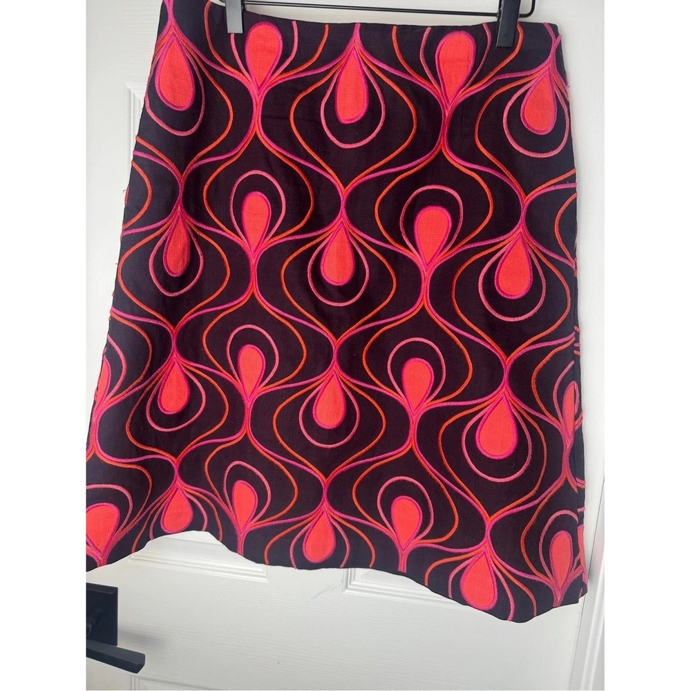 Boden 10L Long Embroidered A-Line Skirt Brown Pink Orange Retro 70s Mod